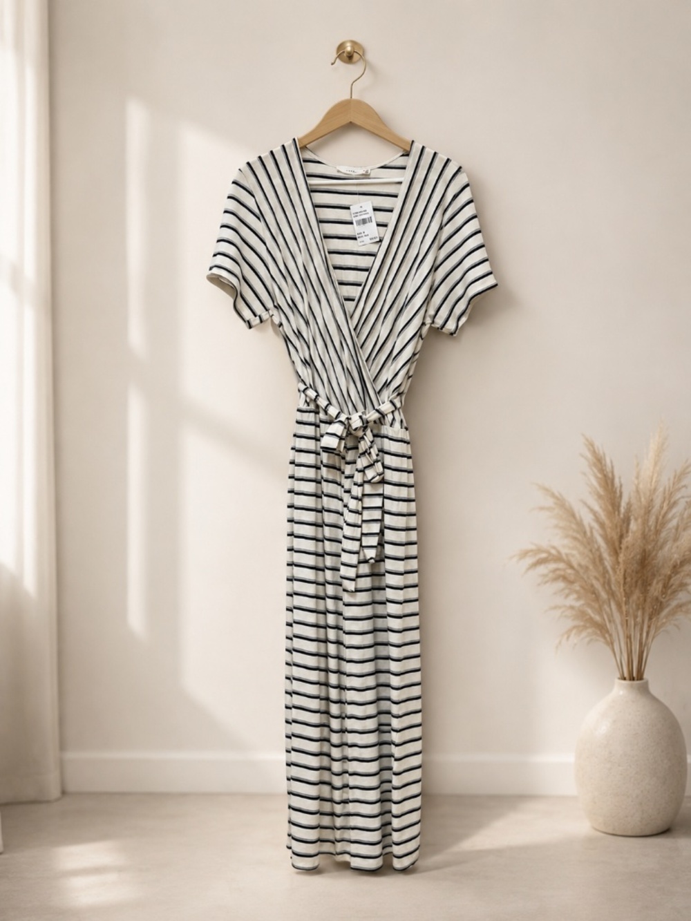 Lush Ivory Charcoal Stripe Cap Sleeve Wrap-front Cropped Jumpsuit Size M